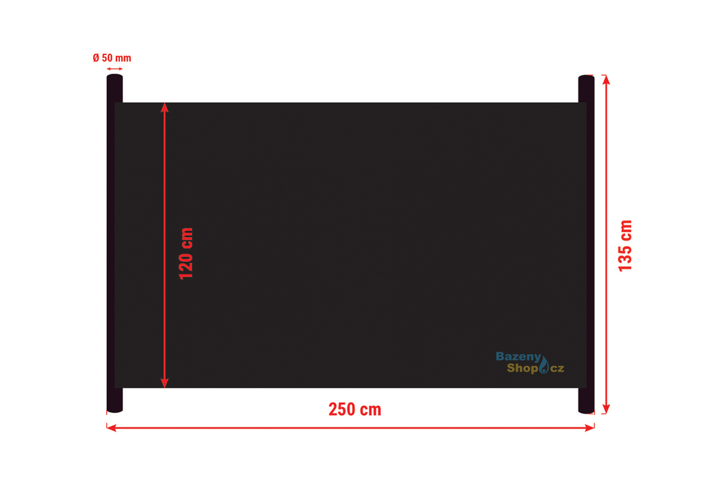 Rozměry solárního panelu AKYSUN HOBBY 1,2 × 2,5m, d50